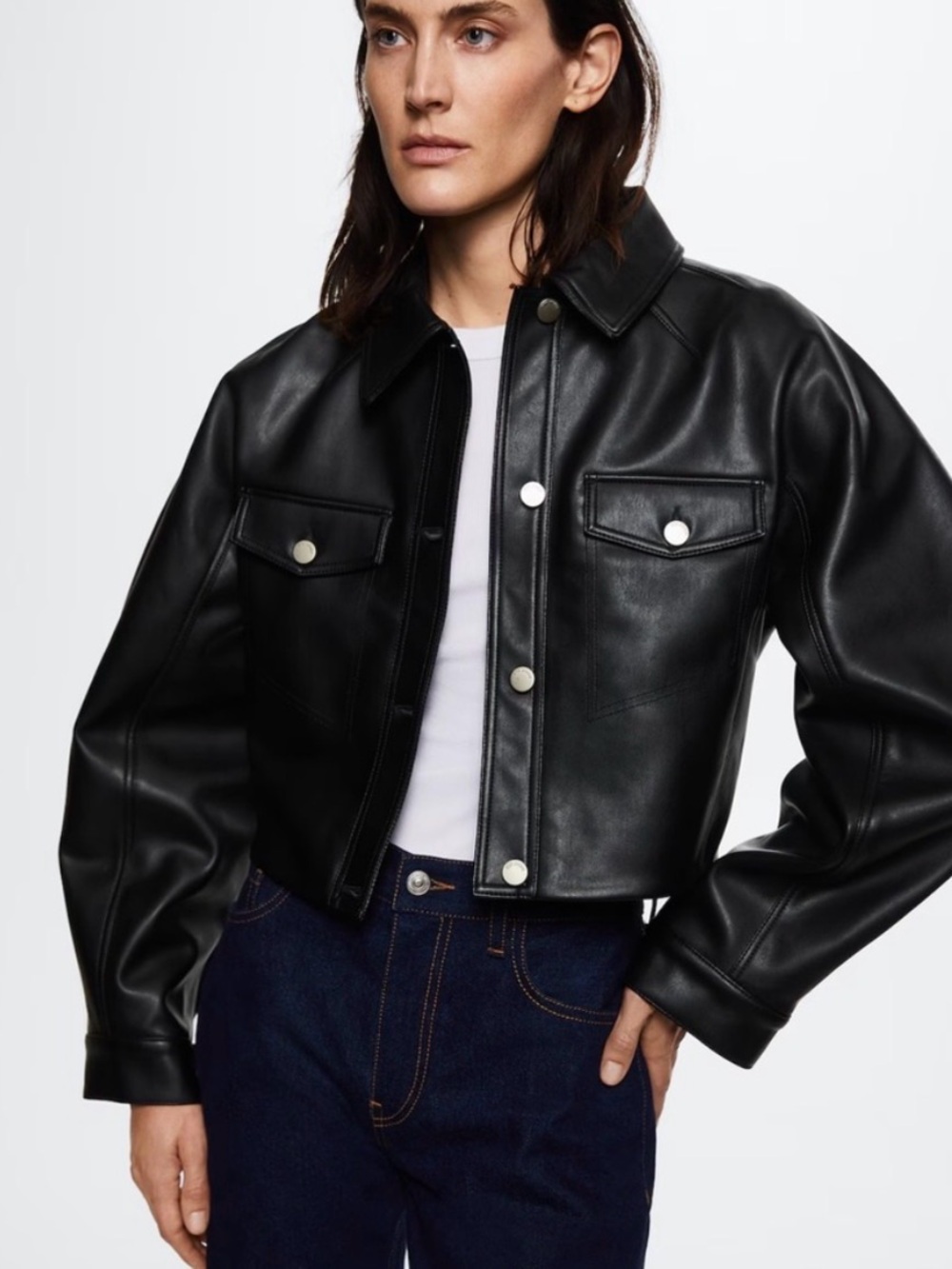 Mango Black short effect Leather Jacket